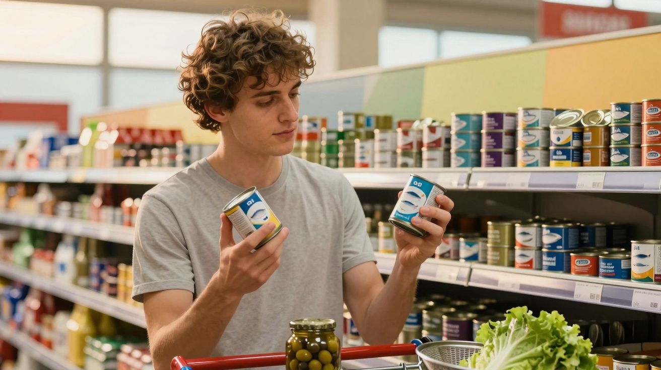 Homem jovem a comparar duas latas na prateleira de supermercado com carrinho de compras à frente.