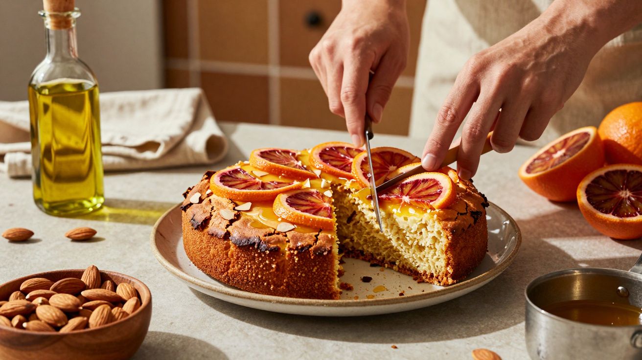 Pessoa a cortar bolo decorado com fatias de laranja sanguínea numa cozinha com ingredientes ao redor.