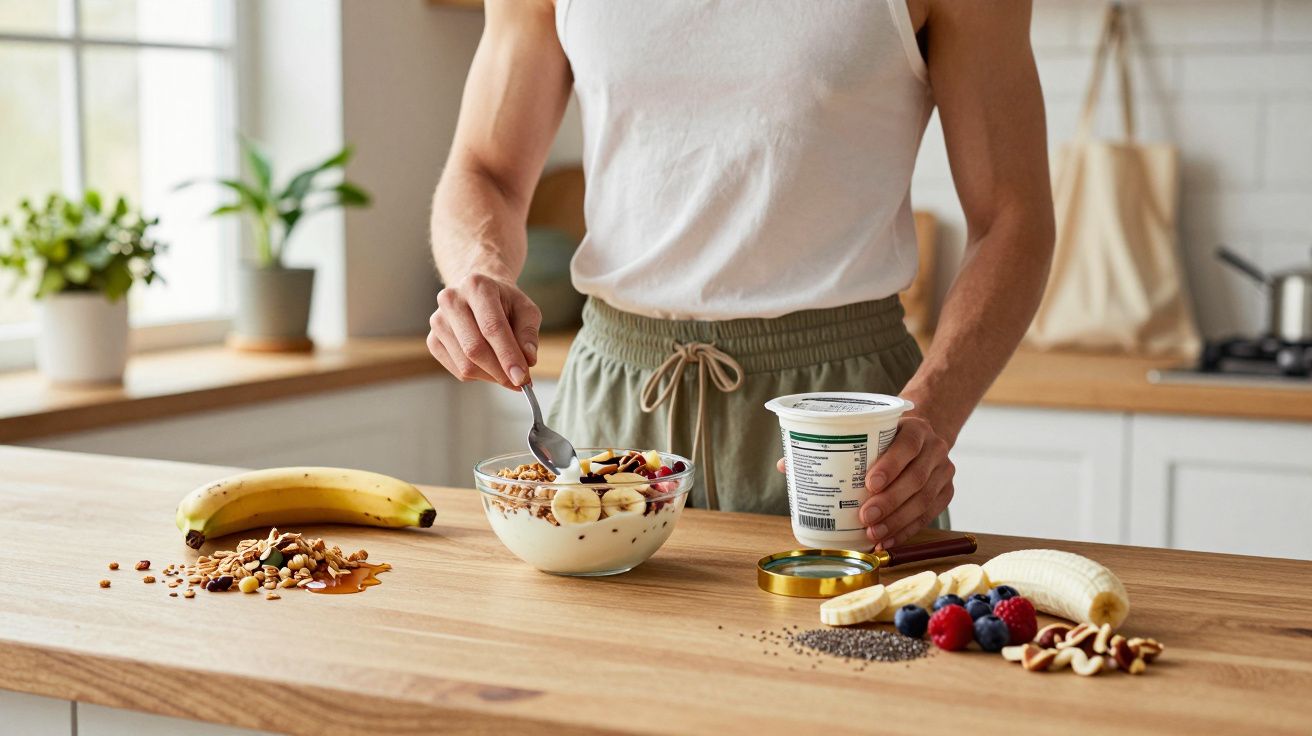 Pessoa a preparar taça de iogurte com frutas, frutos secos e granola numa cozinha luminosa.