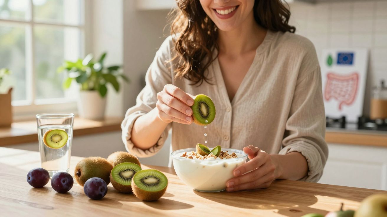 Mulher a colocar kiwi fatiado numa taça com iogurte e granola numa cozinha iluminada.