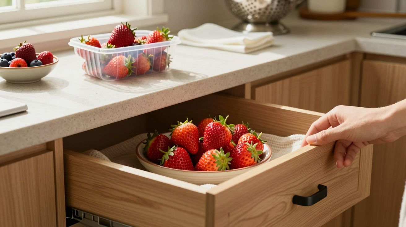 Mão a abrir gaveta de madeira com prato cheio de morangos numa cozinha com bancada clara e frutas.