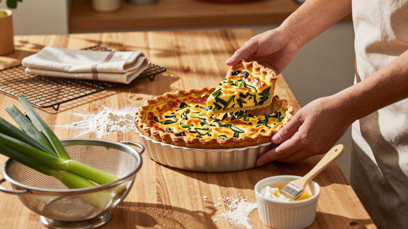 Pessoa a servir uma fatia de quiche com legumes num balcão de cozinha de madeira.