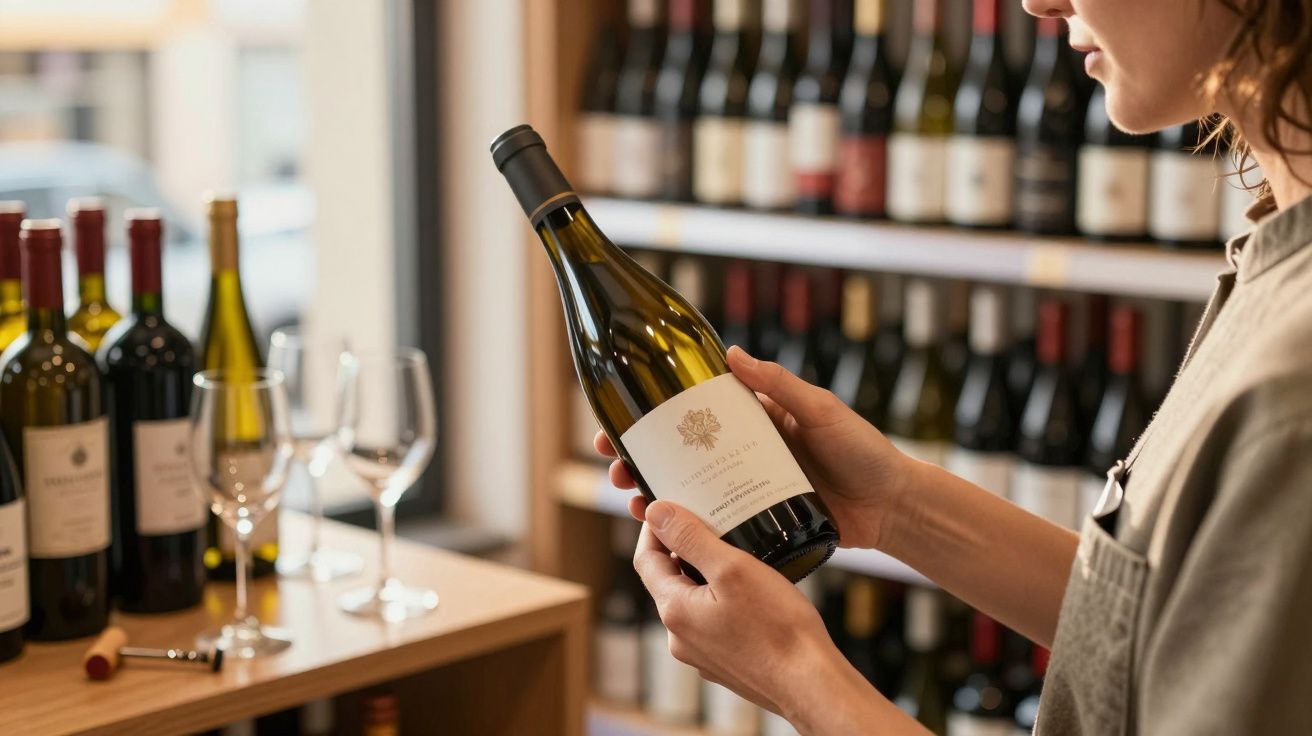 Pessoa a segurar uma garrafa de vinho branco numa loja com prateleiras e outras garrafas ao fundo.