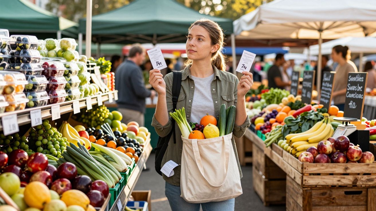 Mulher num mercado ao ar livre segurando dois bilhetes e uma sacola cheia de frutas e legumes.