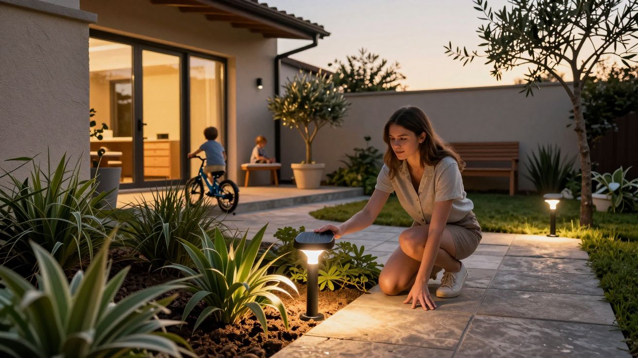 Mulher a acender luzes exteriores num jardim ao entardecer com crianças a brincar em fundo.