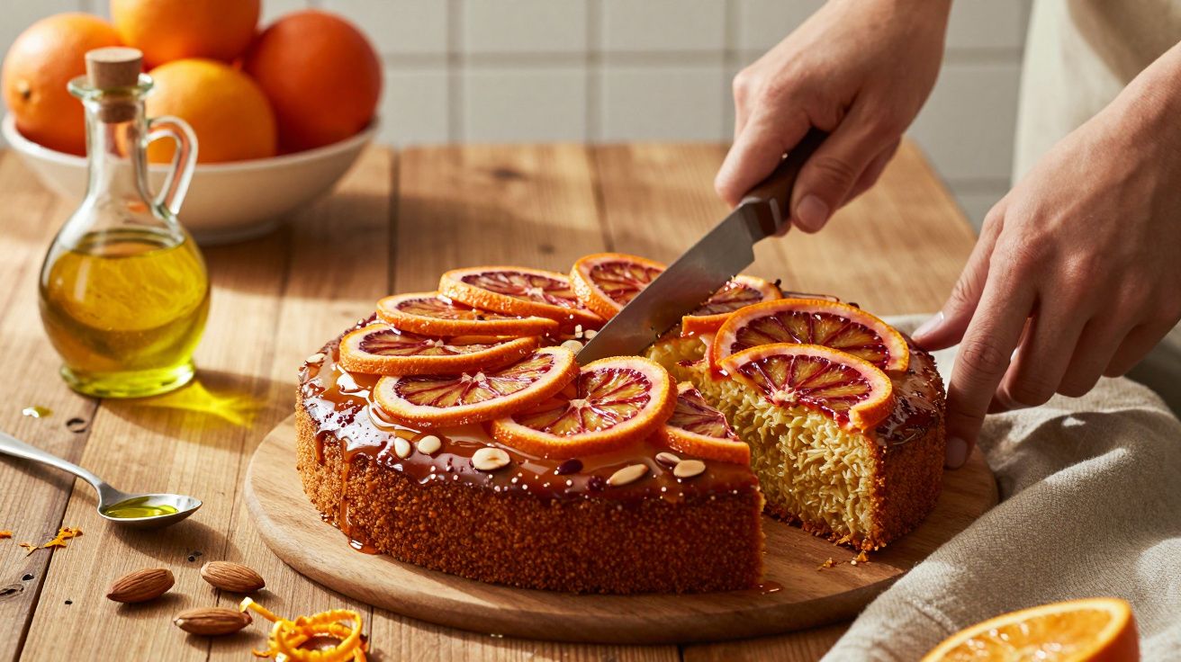 Bolo decorado com rodelas de laranja cortado sobre tábua de madeira numa mesa com azeite e amêndoas.