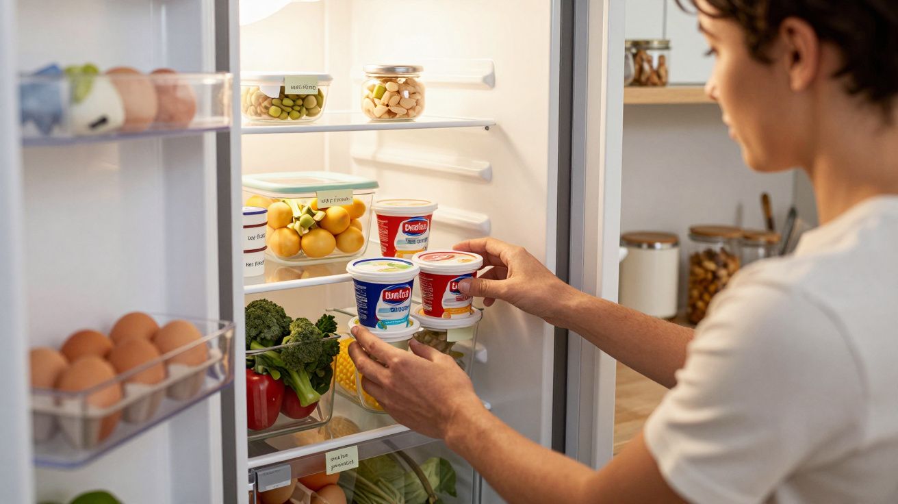Pessoa a colocar iogurtes no frigorífico com vegetais e ovos nas prateleiras interiores.
