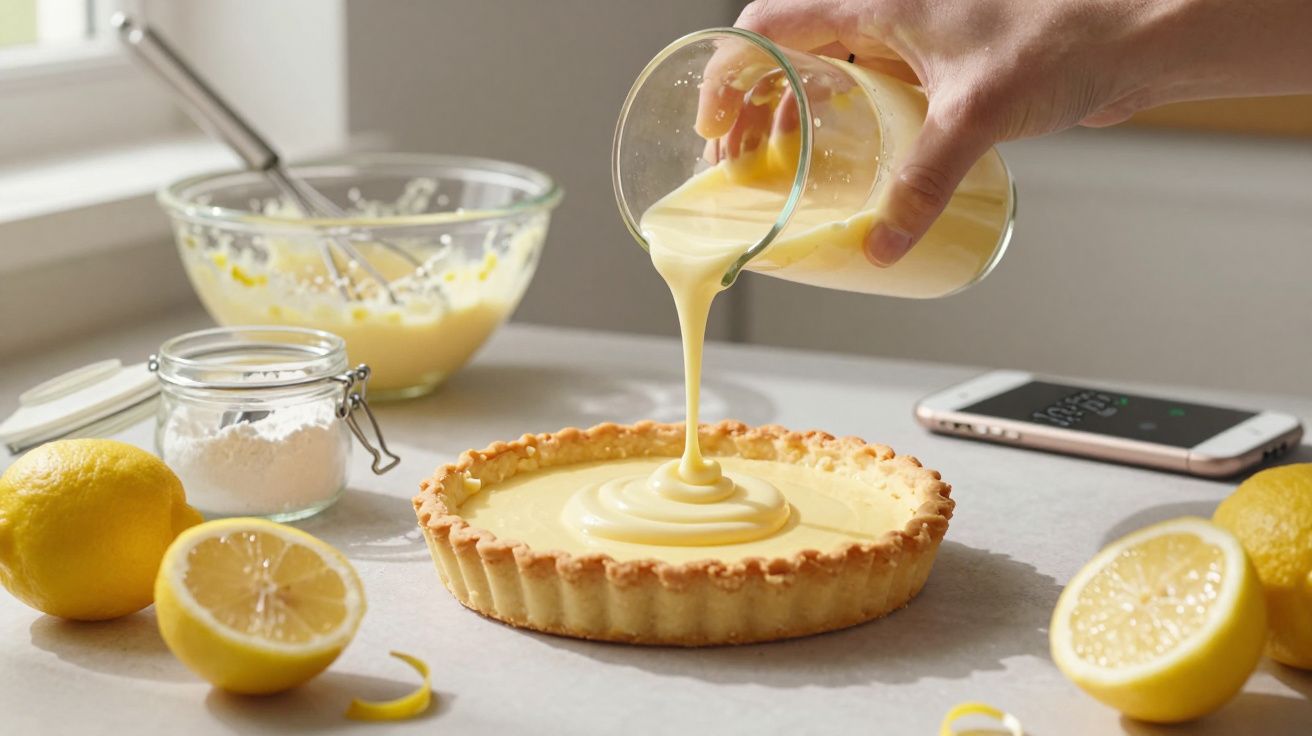 Mão a verter creme de limão numa tarte com limões e ingredientes ao fundo numa bancada de cozinha.