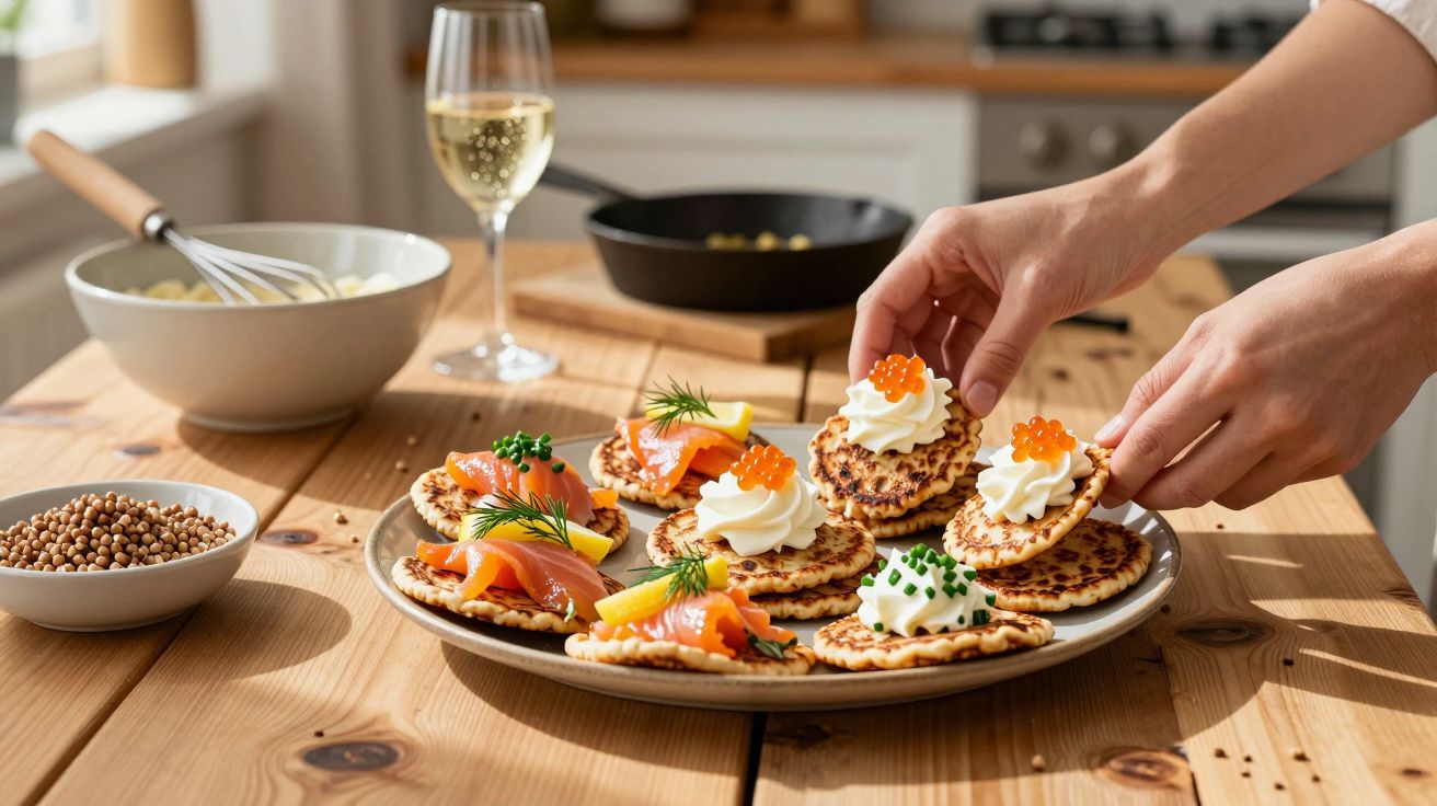 Prato com blinis decorados com salmão fumado, natas e ovas, mãos a servir na mesa de madeira.