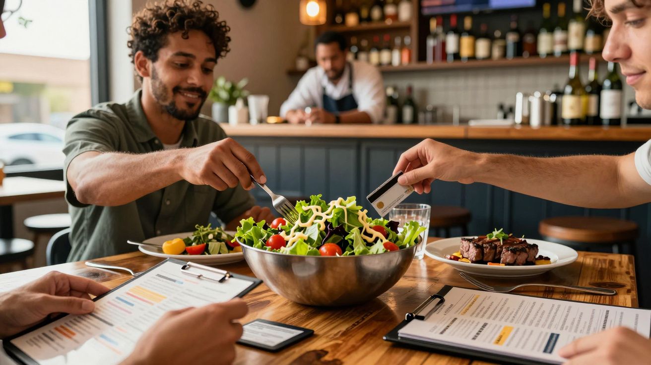 Pessoas numa mesa de restaurante a comer e pagar, com salada e bifes visíveis.