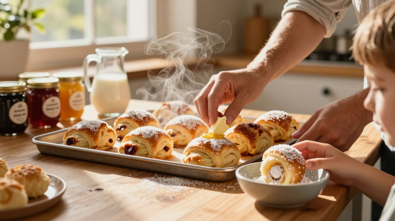 Mãos a colocar manteiga em croissants quentes com açúcar na cozinha ensolarada, criança a pegar um croissant.