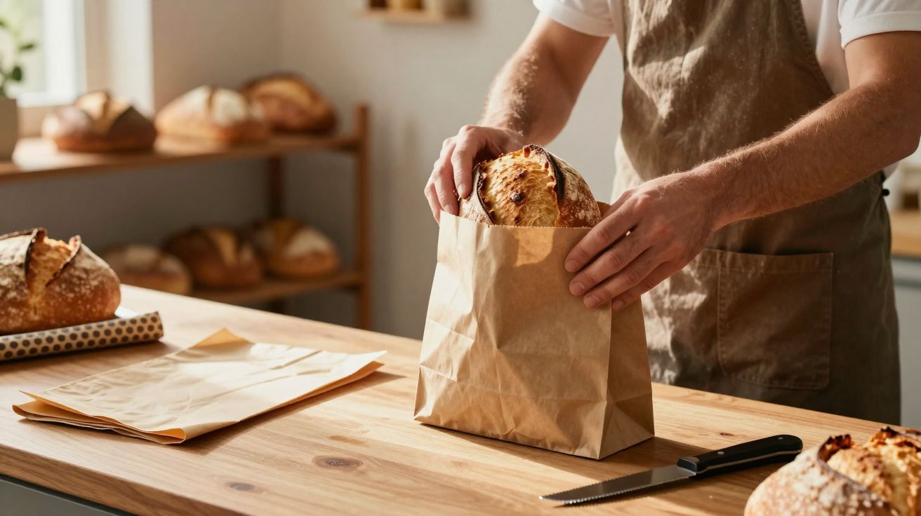 Pessoa a colocar pão artesanal num saco de papel numa padaria iluminada naturalmente.