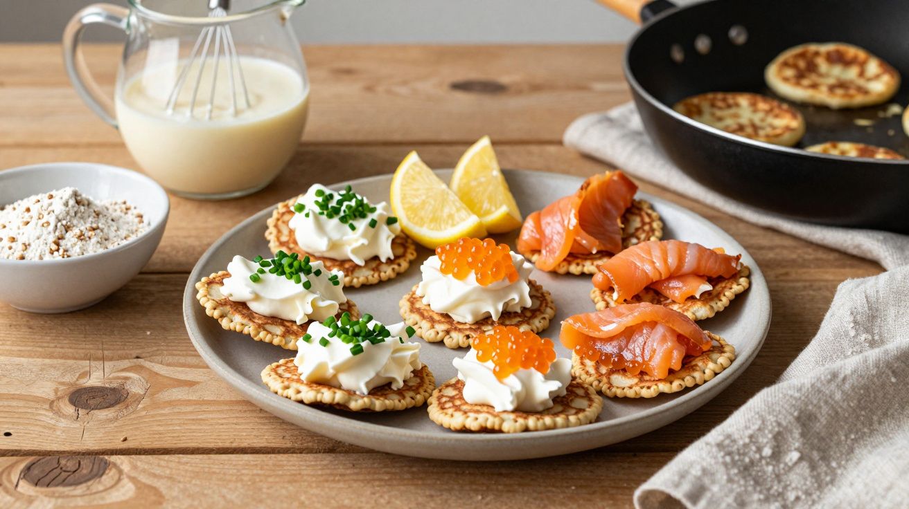 Torradas com queijo creme, cebolinho, salmão fumado, ovas de peixe e limão numa tábua de madeira.