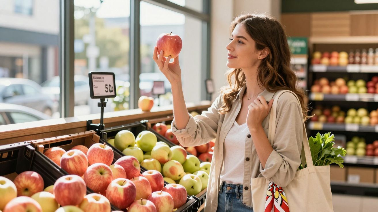 Mulher jovem a segurar uma maçã vermelha, a escolher frutas numa feira ou supermercado bem iluminado.