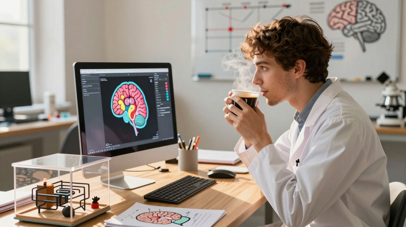 Jovem cientista no laboratório a beber café enquanto estuda uma imagem do cérebro no ecrã do computador.