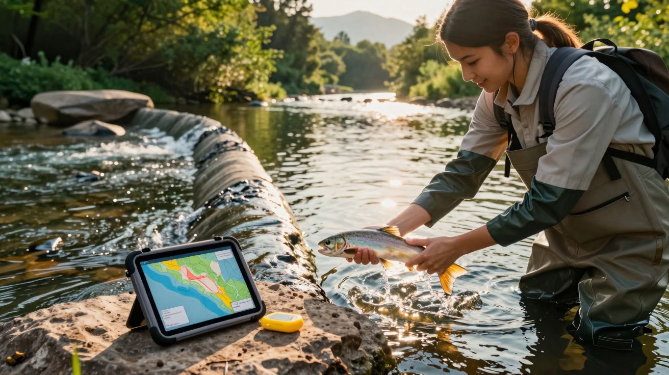 Mulher com fato de pesca segura um peixe no rio ao pôr do sol, com tablet e dispositivo à beira.