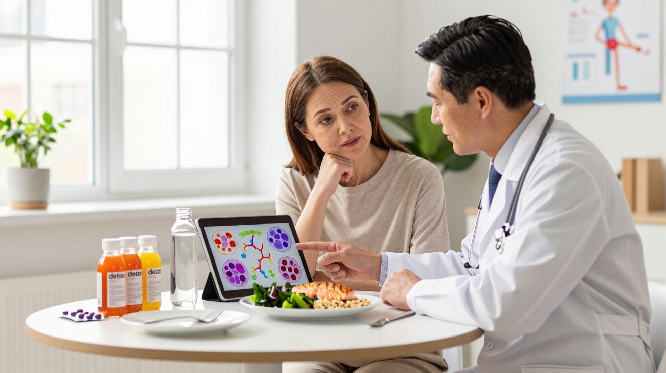 Médico explica análise nutricional a paciente numa consulta, com comida saudável e suplementos na mesa.