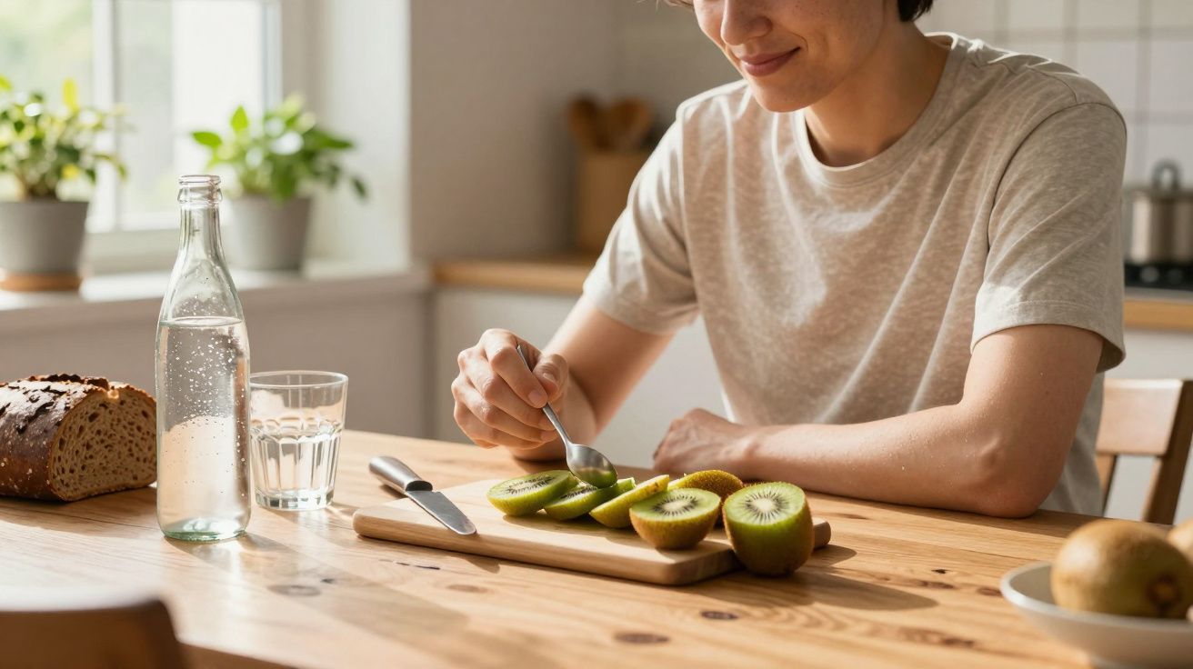Pessoa a comer kiwis cortados numa tábua de madeira numa cozinha iluminada naturalmente.