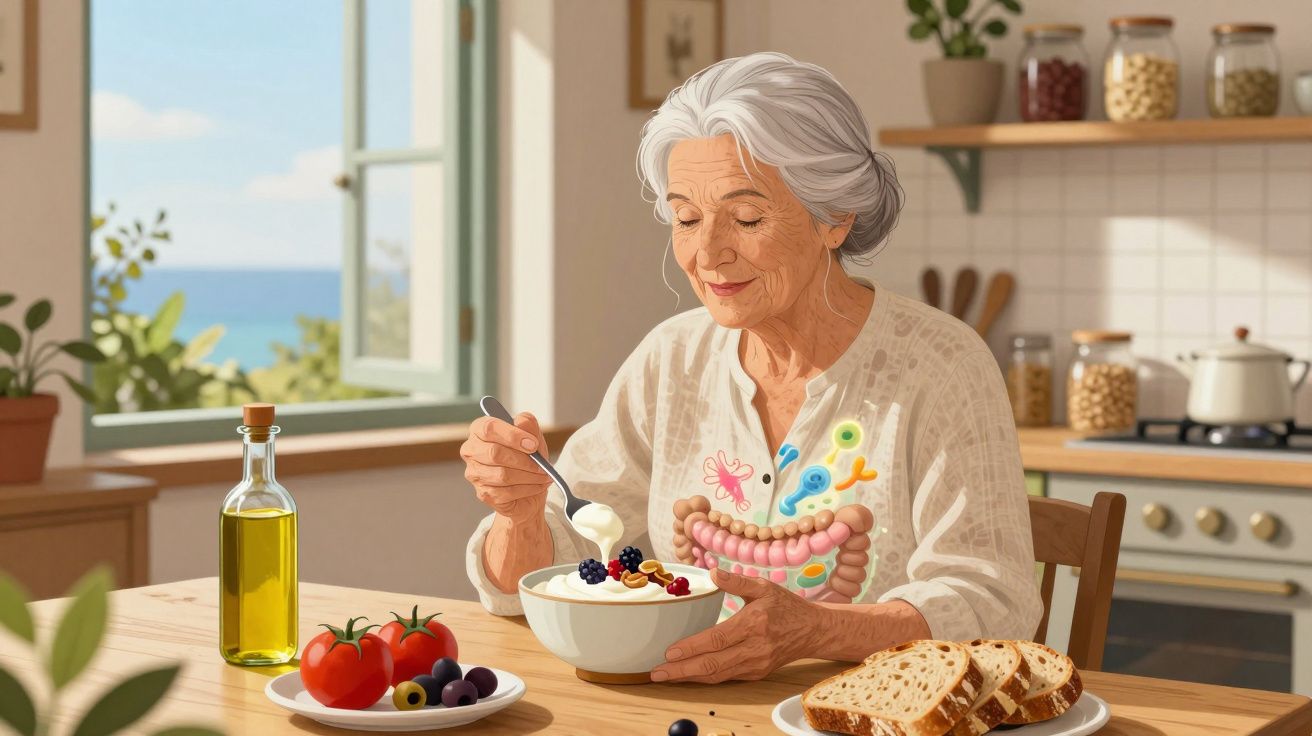Idosa a comer iogurte com frutas numa cozinha luminosa, ilustrando saúde intestinal.