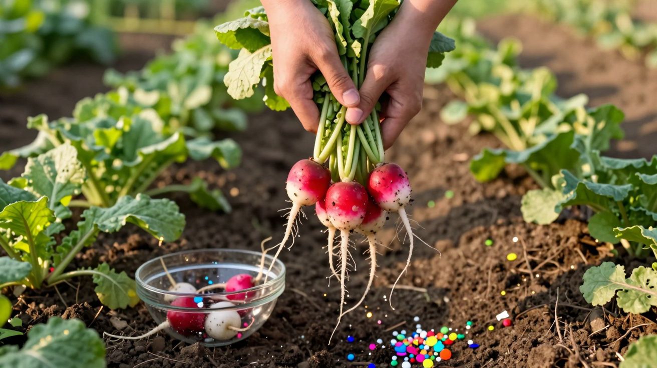 Mãos a segurar rabanetes frescos recém-colhidos numa horta com terra e folhas verdes ao redor.