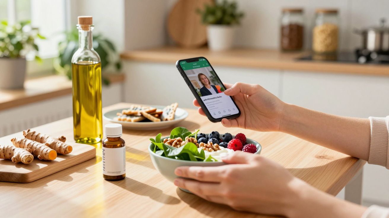 Pessoa segurando telemóvel e taça com salada de espinafres, frutos vermelhos e nozes numa cozinha iluminada.