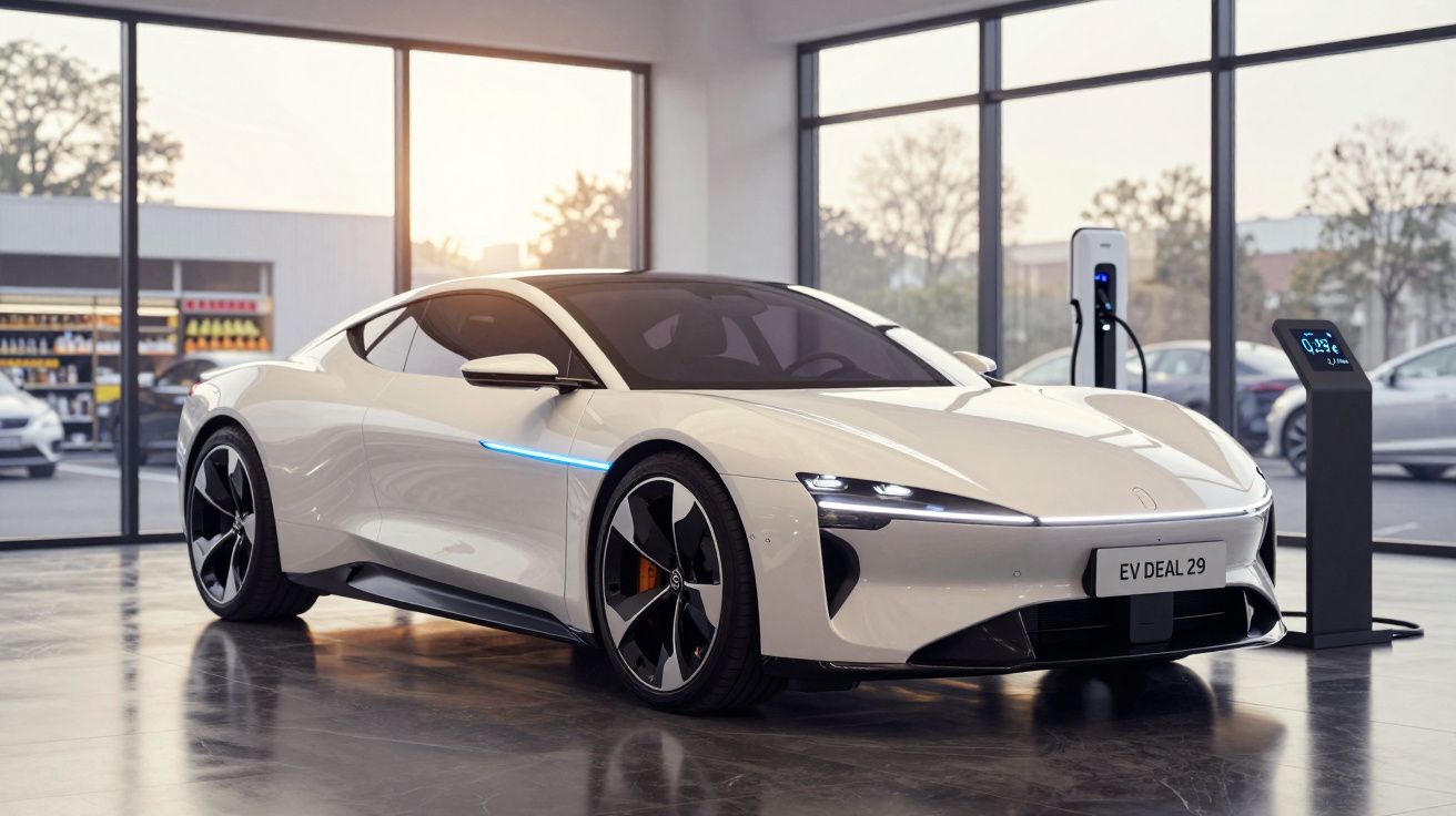 Carro elétrico branco moderno estacionado em salão com carregador de bateria ligado.