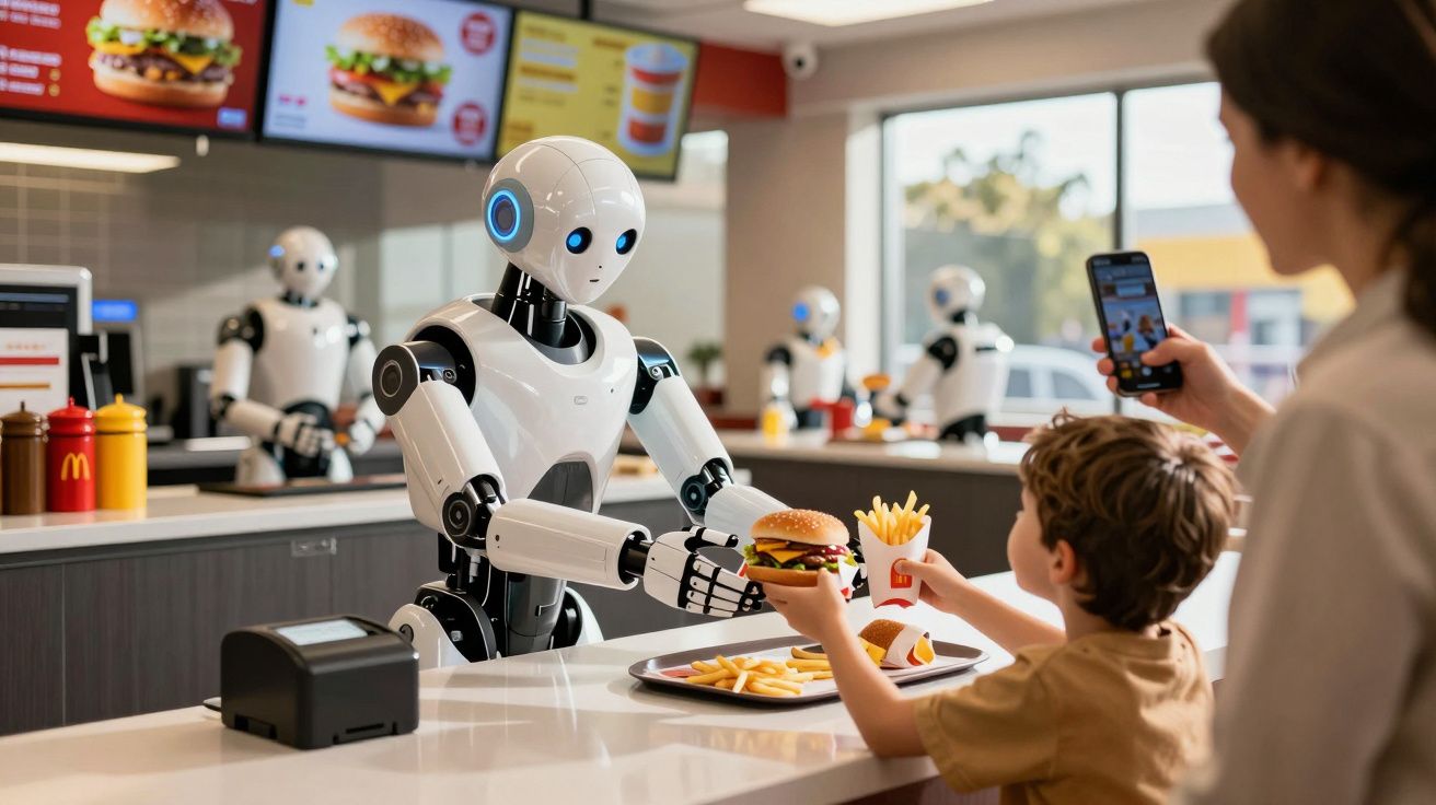 Robô a servir hambúrguer e batatas fritas a criança em restaurante fast-food moderno.