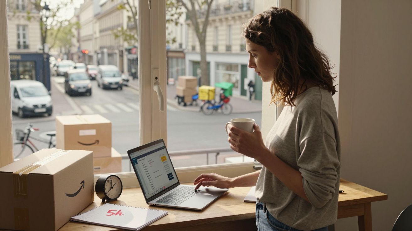 Mulher em pé junto a secretária com computador portátil e chá, perto de janela com vista para rua urbana.