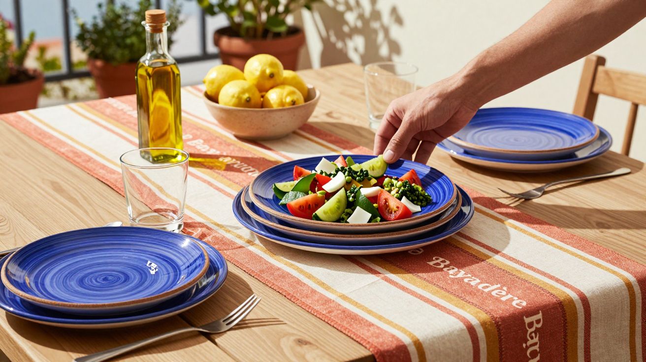 Mesa de madeira posta com prato de salada, limões, garrafa de azeite e toalha de mesa colorida.