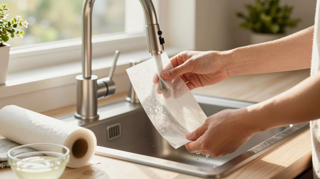 Pessoa a lavar folha de papel vegetal na torneira da cozinha junto à janela com plantas decorativas.