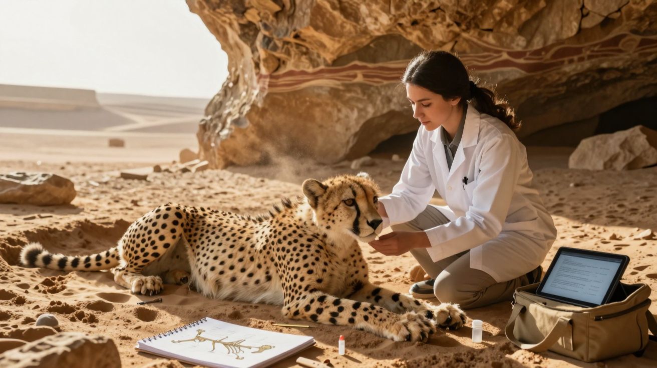 Investigadora veterinária examina guepardo numa área desértica com material de estudo e informática.