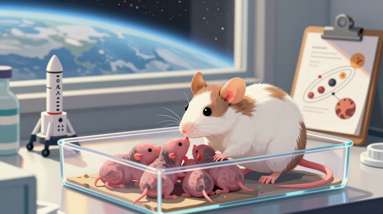 Rata adulta com quatro crias num recipiente transparente, com janela para o espaço e objetos científicos ao fundo.