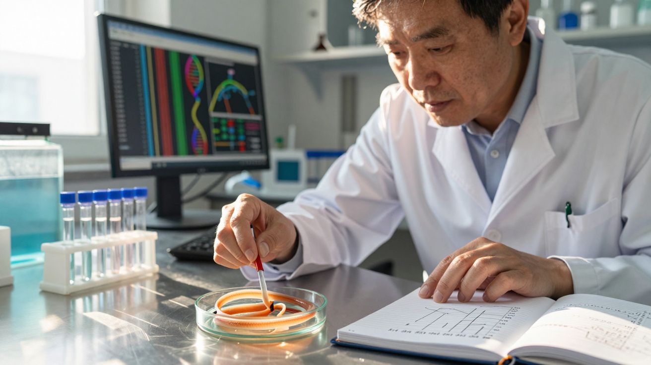 Cientista a analisar uma amostra em placa de Petri com gráficos de ADN no computador, num laboratório.