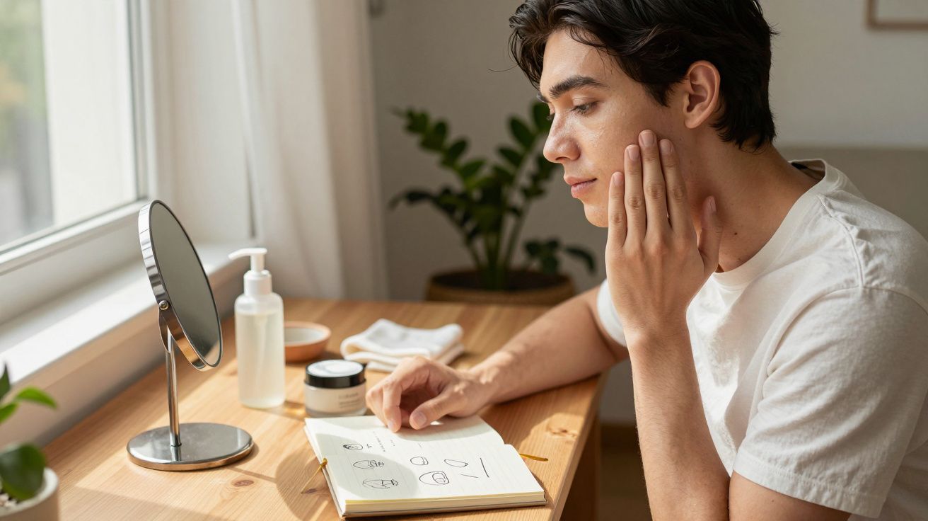 Homem jovem sentado a olhar para um espelho, aplicando creme na cara e consultando um caderno com desenhos.