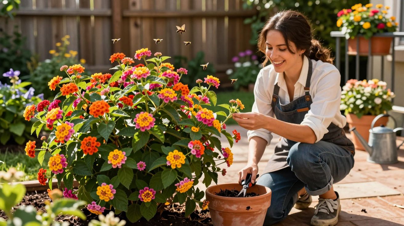 Mulher sorridente a cuidar de flores coloridas num jardim ensolarado com abelhas a voar ao redor.