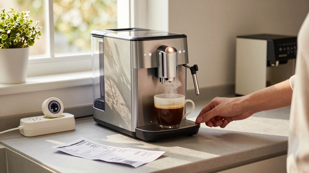 Máquina de café expresso a preparar chávena com vapor, numa bancada de cozinha iluminada pela luz natural.