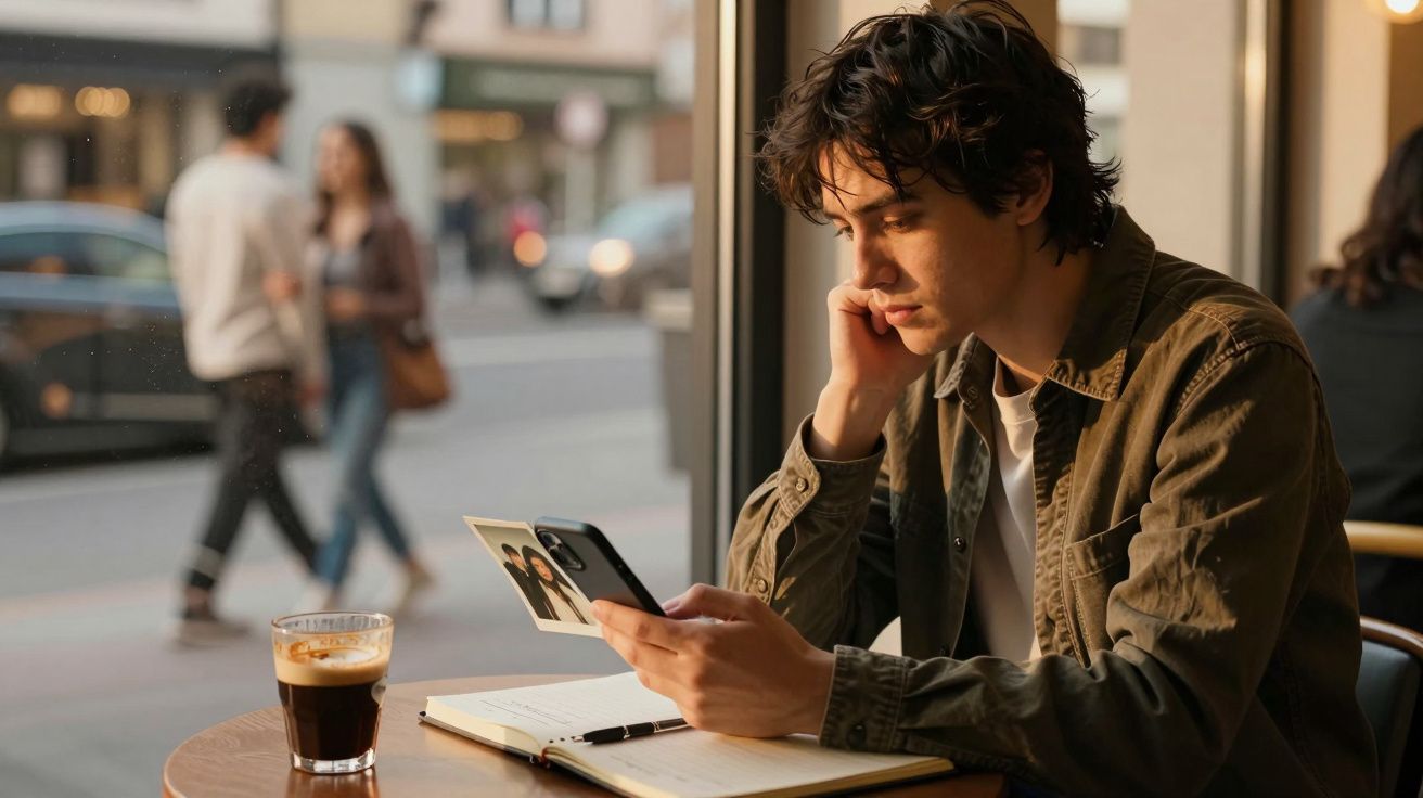 Jovem sentado numa cafetaria a olhar para fotografias num telemóvel com um café e caderno à sua frente.