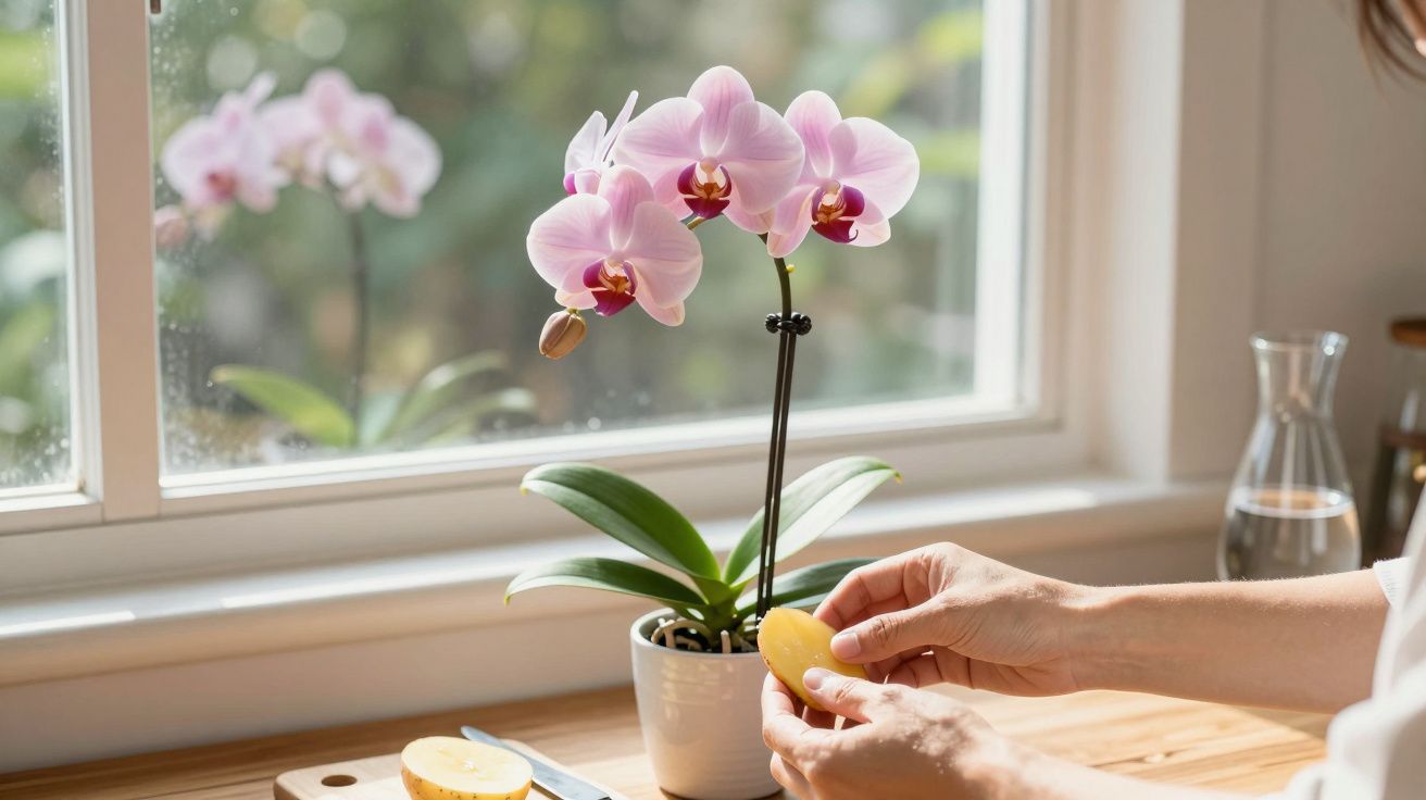 Pessoa a espremer limão ao lado de orquídea rosa numa janela com luz natural.