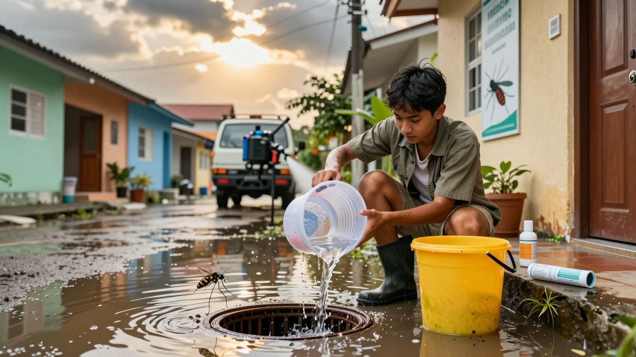 Rapaz de roupa casual a deitar água para um ralo numa rua alagada, com carro e casas ao fundo.