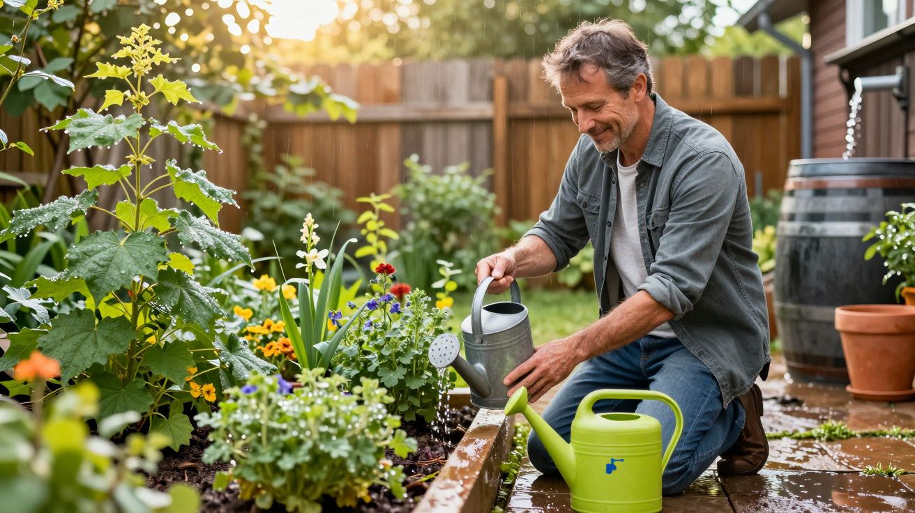 Homem adulto rega flores coloridas num jardim em dia ensolarado, rodeado por plantas e vasos.