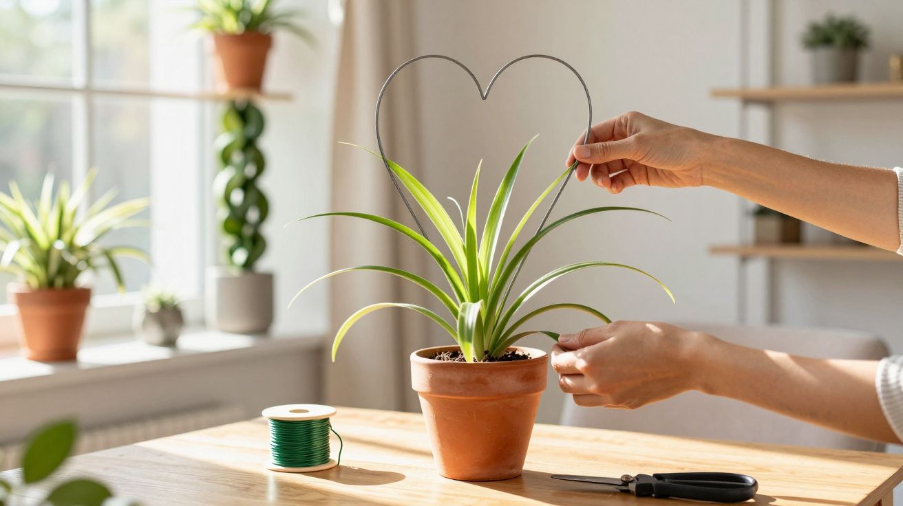 Mãos a moldar fio em forma de coração junto a planta em vaso num ambiente claro e acolhedor.