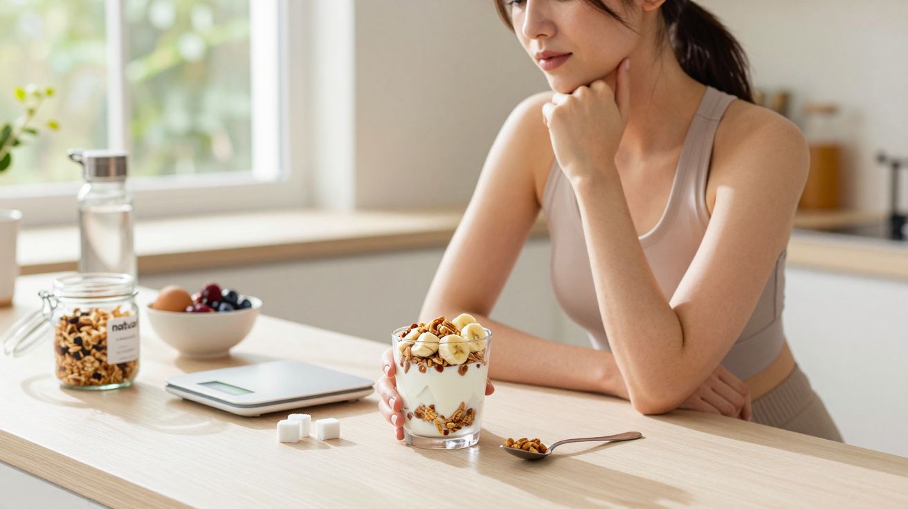 Mulher sentada à mesa com iogurte, granola e banana, ponderando uma alimentação saudável.