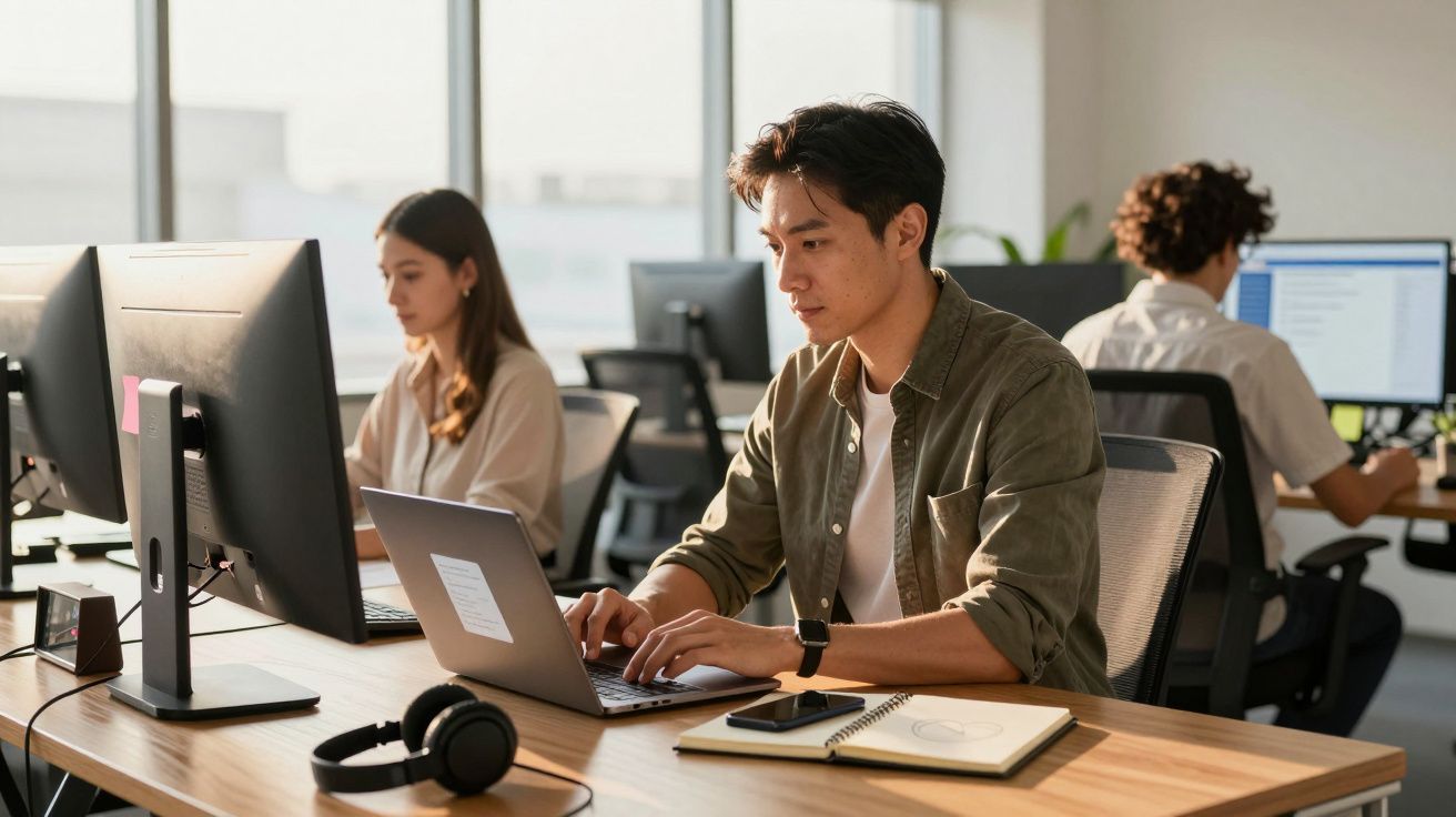 Jovem a trabalhar num ambiente de escritório moderno com computador portátil e colegas ao fundo.