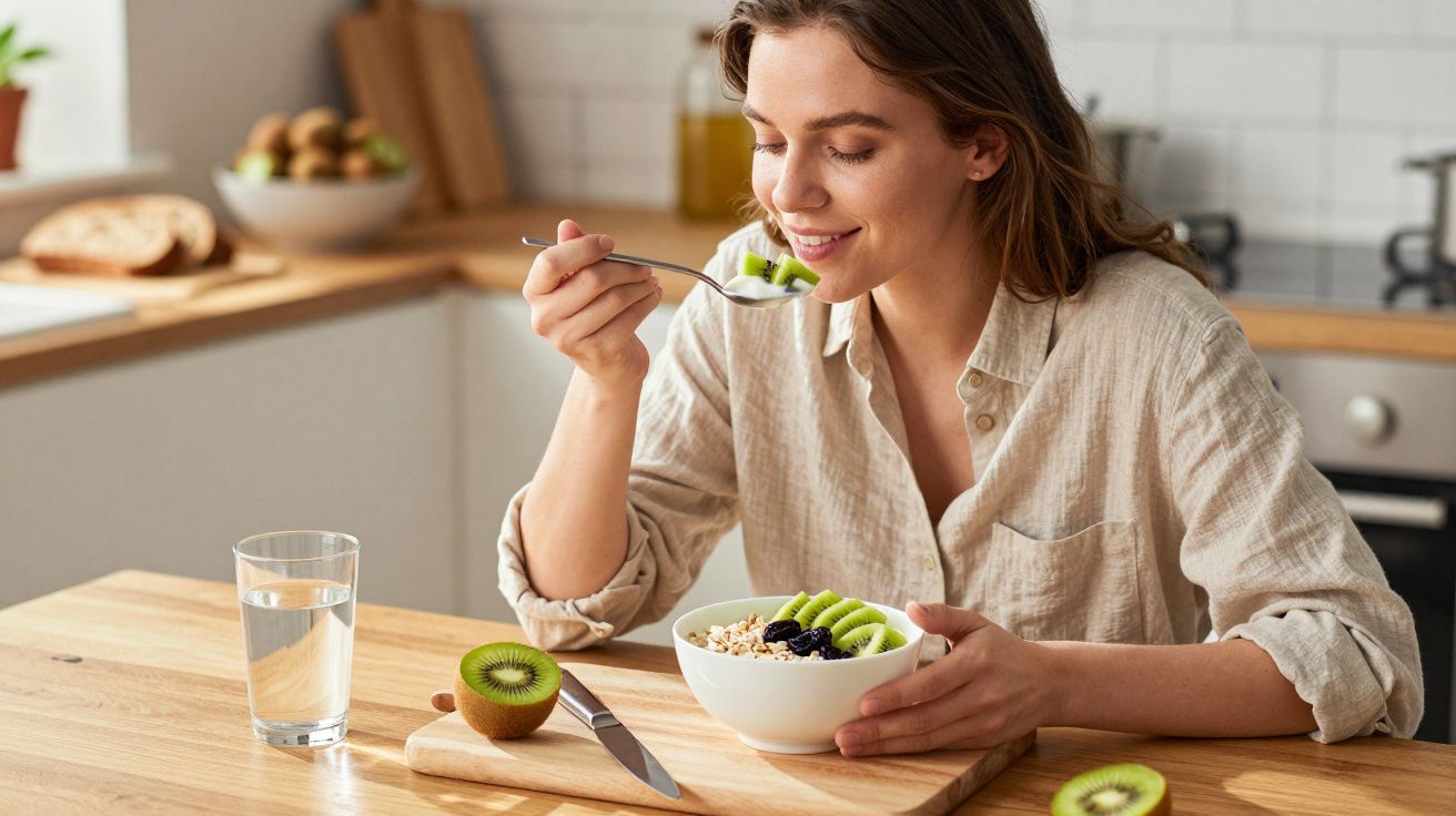 Mulher a comer tigela de aveia com kiwi e mirtilos numa cozinha luminosa.