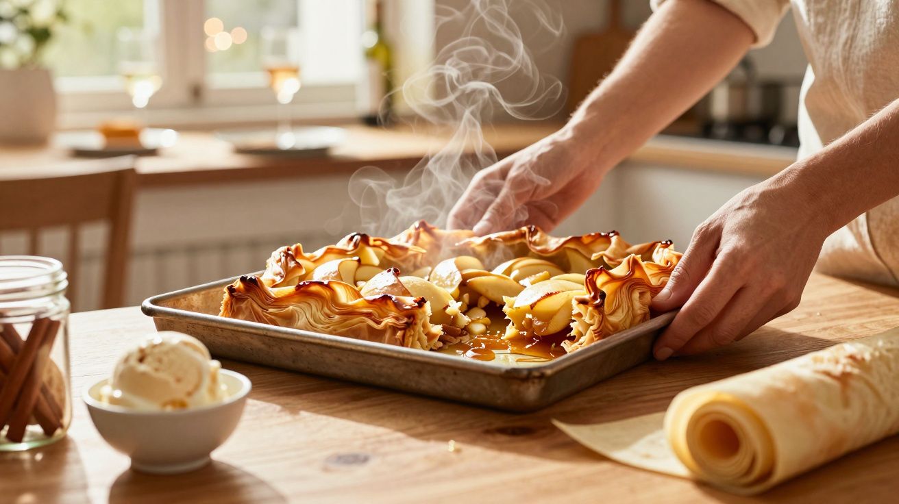 Mãos a retirar do forno uma tarte de maçã fumegante numa forma metálica numa cozinha luminosa.