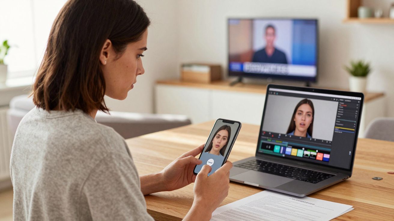 Mulher usa smartphone e computador para videoconferência enquanto está sentada numa mesa com documentos.