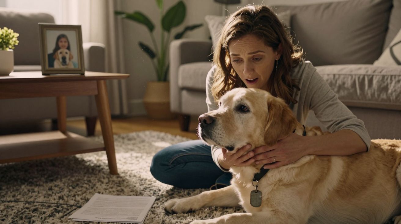 Mulher sentada no chão abraça e olha para um cão dourado deitado numa sala acolhedora.
