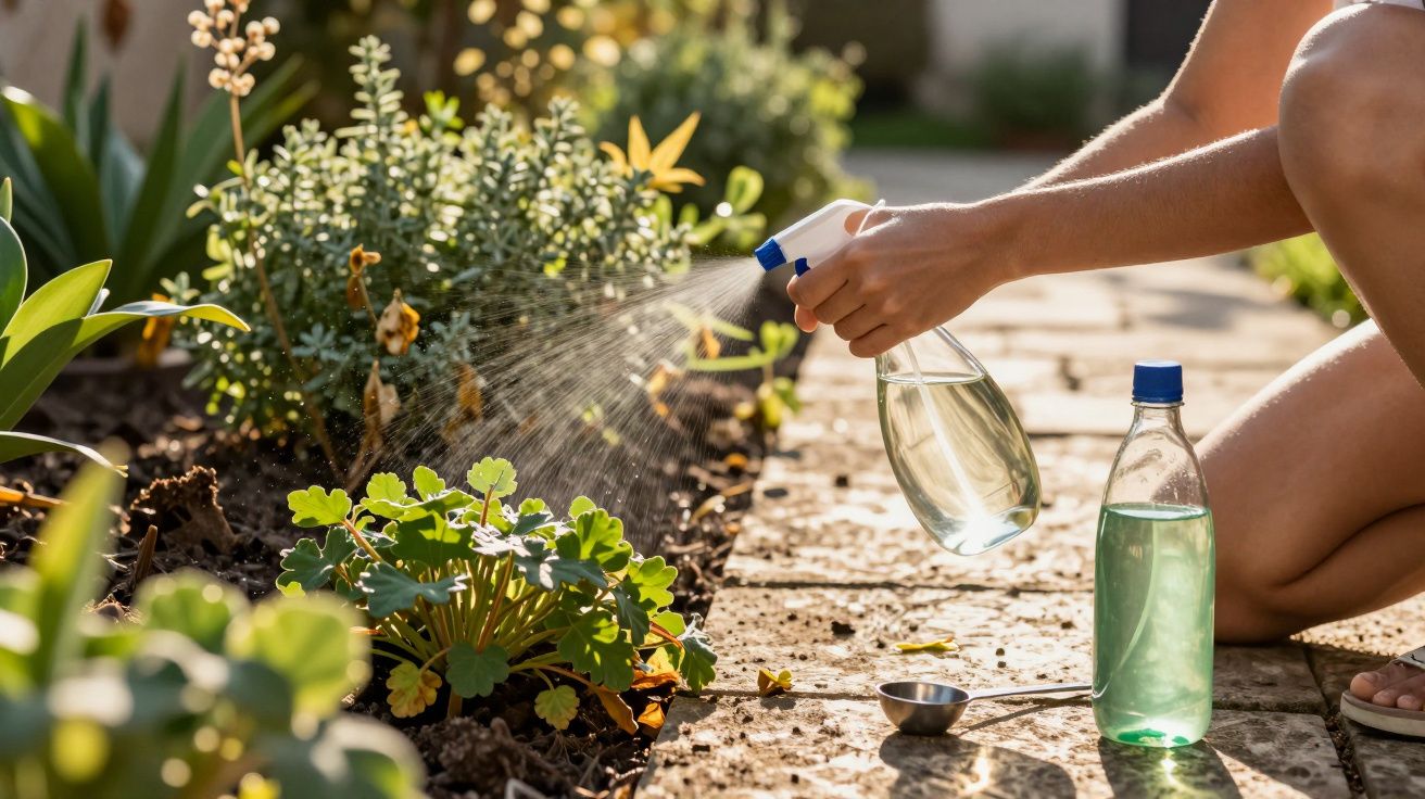 Pessoa a pulverizar plantas num jardim com um pulverizador manual transparente ao sol.