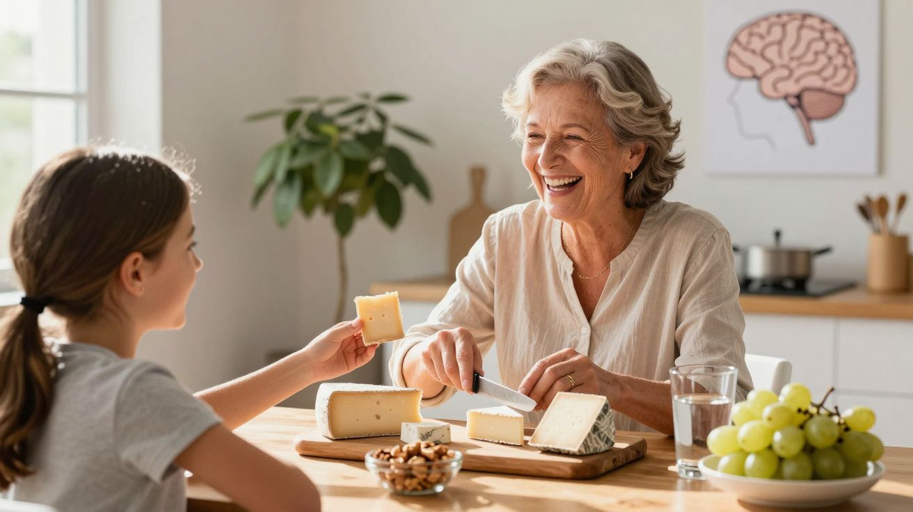 Mulher idosa e criança sorrindo e partilhando queijo à mesa numa cozinha luminosa.