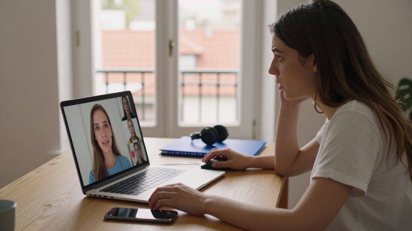 Mulher jovem participa em videoconferência no computador portátil numa mesa com telemóvel e auscultadores.
